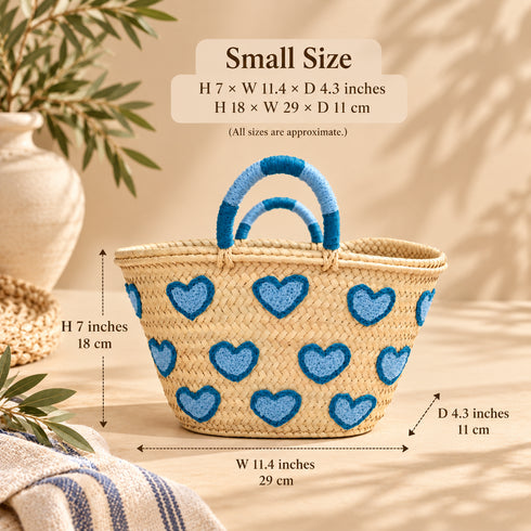 Heart Straw Basket, Moroccan Handwoven Tote, Blue Heart Palm Leaf Bag, Small Beach & Market Basket