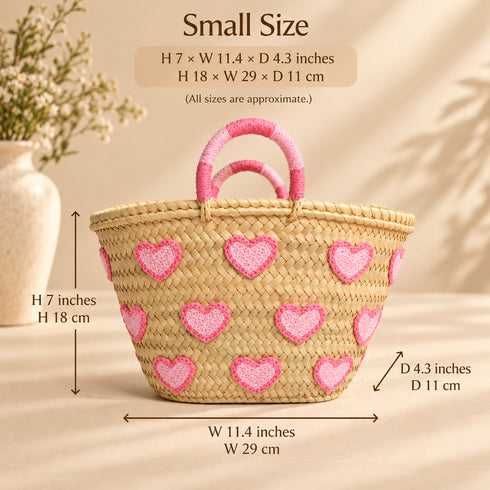 Heart Straw Basket, Moroccan Handwoven Tote, Blue Heart Palm Leaf Bag, Small Beach & Market Basket