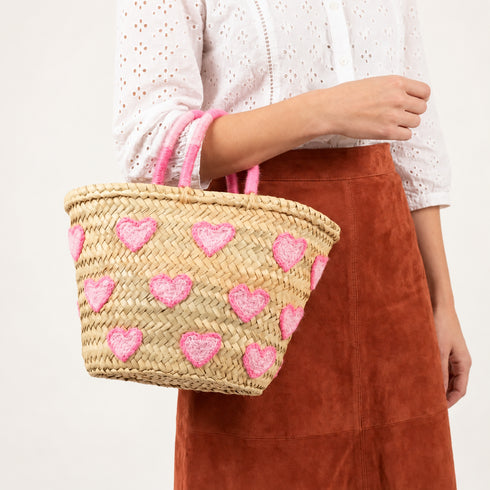 Heart Straw Basket, Moroccan Handwoven Tote, Blue Heart Palm Leaf Bag, Small Beach & Market Basket