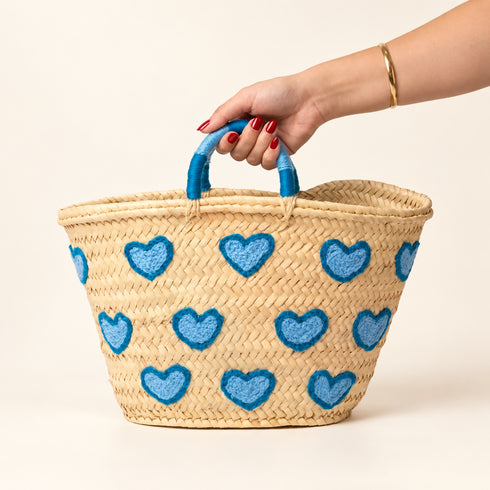Heart Straw Basket, Moroccan Handwoven Tote, Blue Heart Palm Leaf Bag, Small Beach & Market Basket