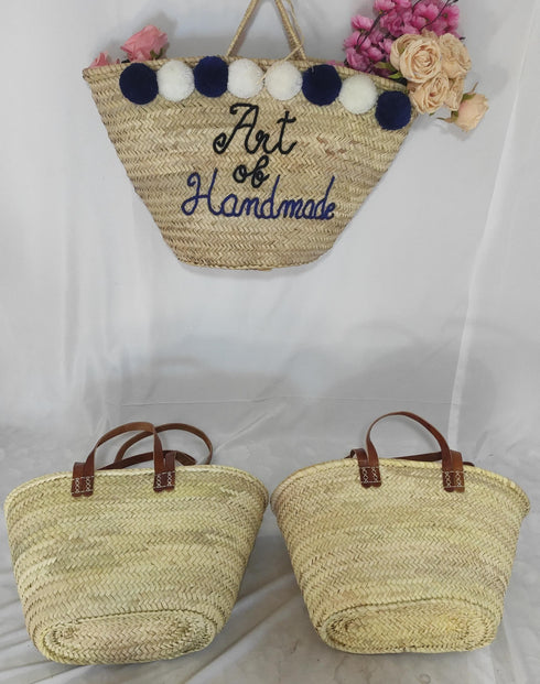 Straw basket with 4 leather handles , customize straw bag, personalized basket, personalized beach bag, personalized bag for bridesmaids