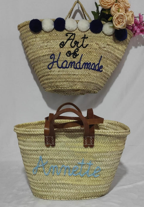 Straw basket with 4 leather handles , customize straw bag, personalized basket, personalized beach bag, personalized bag for bridesmaids