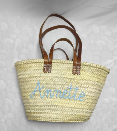 Straw basket with 4 leather handles , customize straw bag, personalized basket, personalized beach bag, personalized bag for bridesmaids