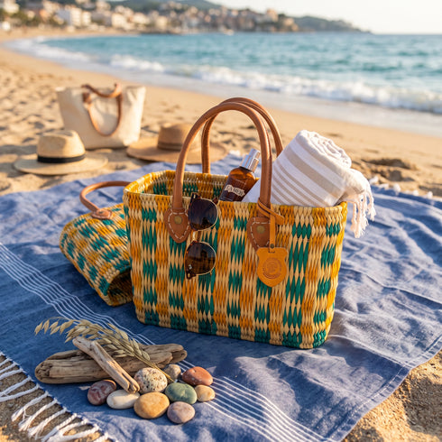 Handwoven Moroccan Straw Tote Bag – Teal, Yellow & Natural Beige mustard geometric