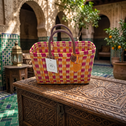 Handwoven Raffia Tote Bag with Colorful Stripes and Leather Handles