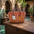 Handwoven Raffia Tote Bag with Colorful Stripes and Leather Handles