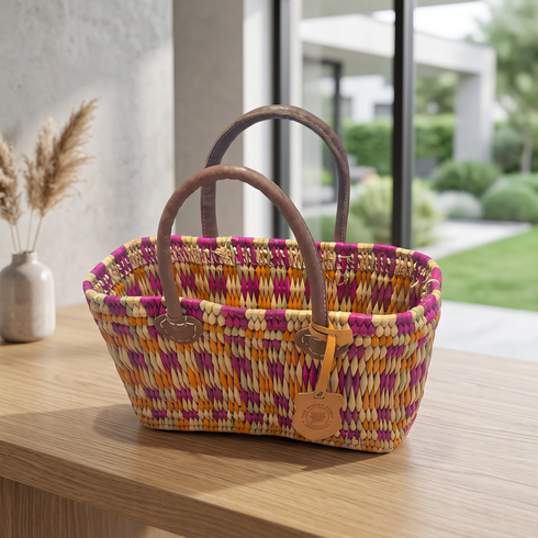 Handwoven Raffia Tote Bag with Colorful Stripes and Leather Handles