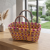 Handwoven Raffia Tote Bag with Colorful Stripes and Leather Handles