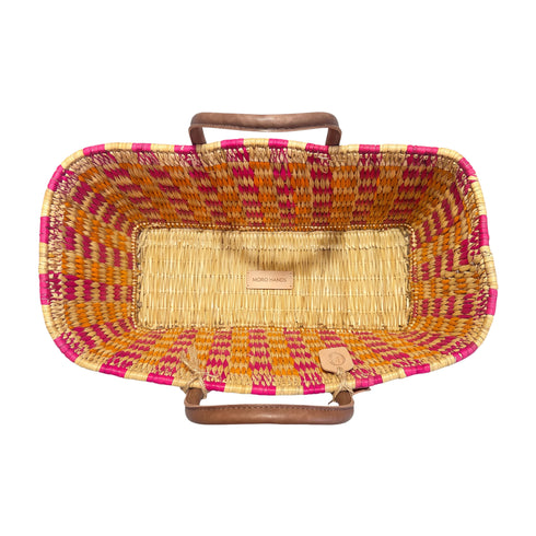 Handwoven Raffia Tote Bag with Colorful Stripes and Leather Handles