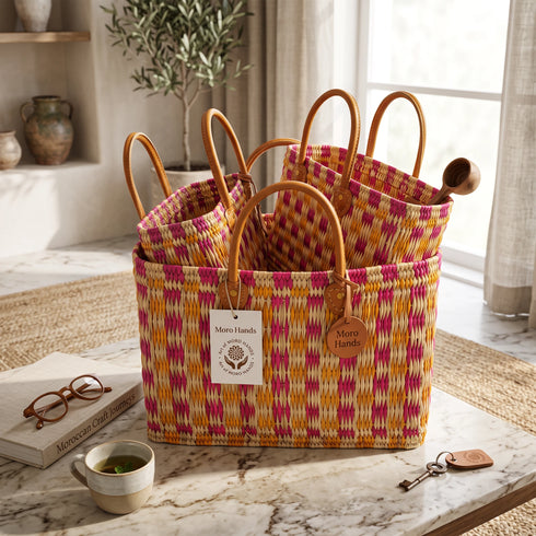 Handwoven Raffia Tote Bag with Colorful Stripes and Leather Handles