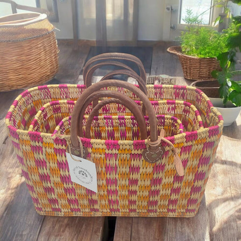 Handwoven Raffia Tote Bag with Colorful Stripes and Leather Handles