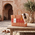 Handwoven Raffia Tote Bag with Colorful Stripes and Leather Handles