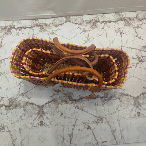 Handwoven Raffia Tote Bag with Colorful Stripes and Leather Handles