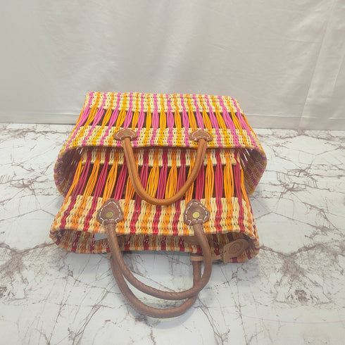 Handwoven Raffia Tote Bag with Colorful Stripes and Leather Handles
