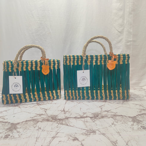 Handwoven Moroccan Straw Tote Bag – Teal & Natural Beige beautifully handwoven