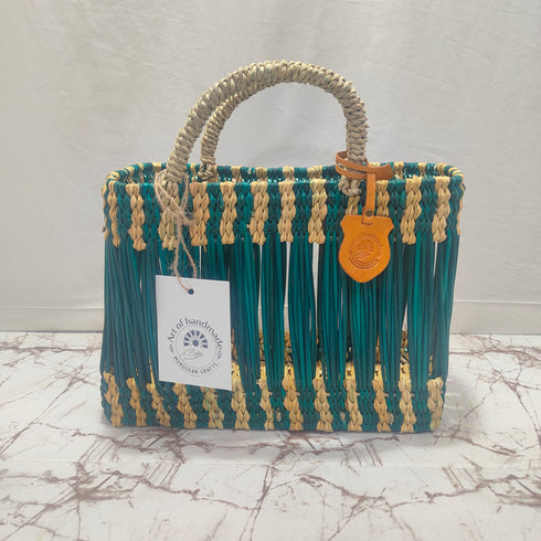 Handwoven Moroccan Straw Tote Bag – Teal & Natural Beige beautifully handwoven