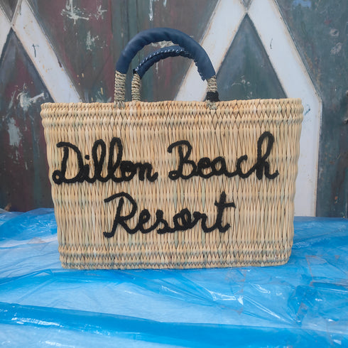 Handcrafted Straw Beach Bag with Black Handles and Stylish “Summer Beach” Design