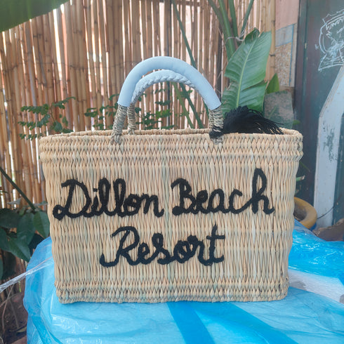 Handcrafted Straw Beach Bag with Black Handles and Stylish “Summer Beach” Design