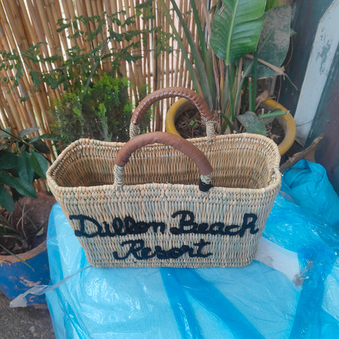 Handcrafted Straw Beach Bag with Black Handles and Stylish “Summer Beach” Design