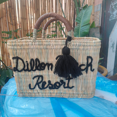Handcrafted Straw Beach Bag with Black Handles and Stylish “Summer Beach” Design