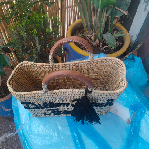 Handcrafted Straw Beach Bag with Black Handles and Stylish “Summer Beach” Design