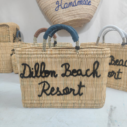 Handcrafted Straw Beach Bag with Black Handles and Stylish “Summer Beach” Design
