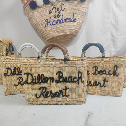 Handcrafted Straw Beach Bag with Black Handles and Stylish “Summer Beach” Design