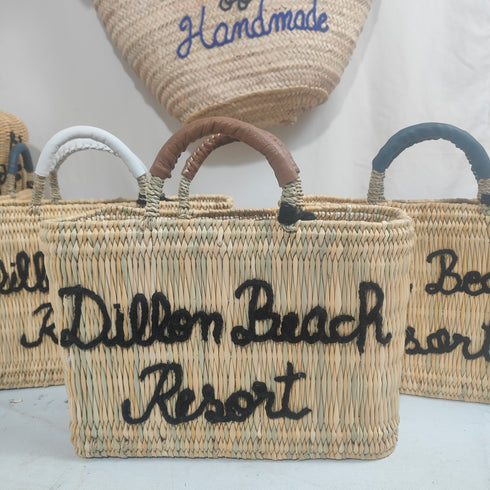 Handcrafted Straw Beach Bag with Black Handles and Stylish “Summer Beach” Design