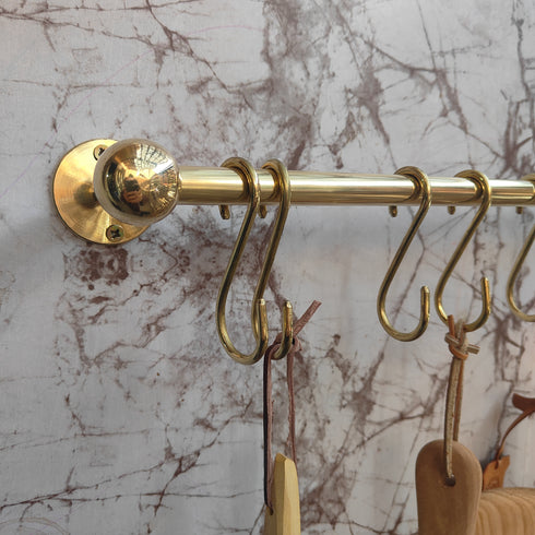 Handmade solid brass kitchen rail with S hooks