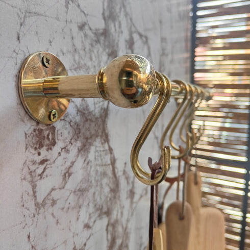 Handmade solid brass kitchen rail with S hooks