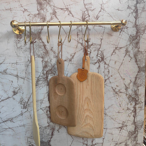 Handmade solid brass kitchen rail with S hooks