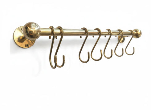 Handmade solid brass kitchen rail with S hooks