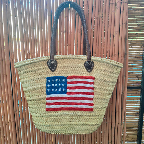 Handwoven Moroccan Straw Tote Bag with USA Flag and Leather Handles