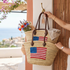Handwoven Moroccan Straw Tote Bag with USA Flag and Leather Handles