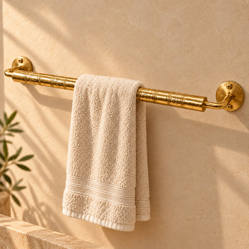 Handcrafted Engraved Solid Brass Towel Bar with Decorative Detailing