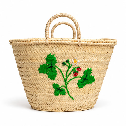 Moroccan Straw Basket, Handwoven Berry Embroidery Tote, Palm Leaf Market Bag, Picnic & Beach Basket