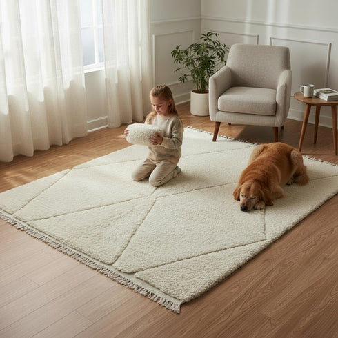 Ivory Moroccan Wool Rug, Minimalist Beni Ourain Rug, Handmade Diamond Berber Area Carpet, Neutral Wool Rug