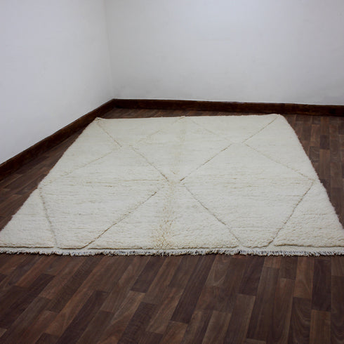 Ivory Moroccan Wool Rug, Minimalist Beni Ourain Rug, Handmade Diamond Berber Area Carpet, Neutral Wool Rug