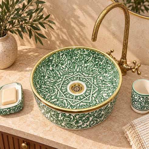 Jardin de Fès Ceramic Vessel Sink – Green Floral Basin with Brass Rim