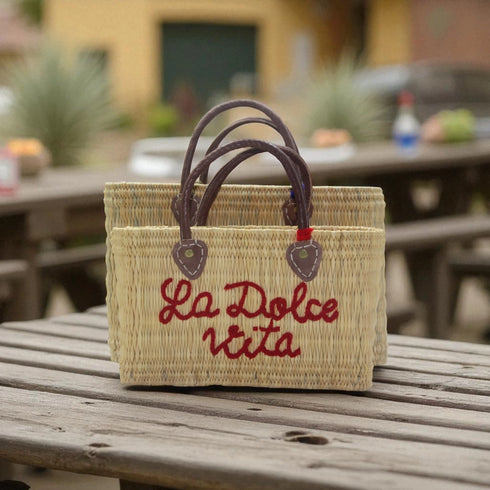 Handwoven Raffia Tote Bag with La Dolce Vita Embroidery
