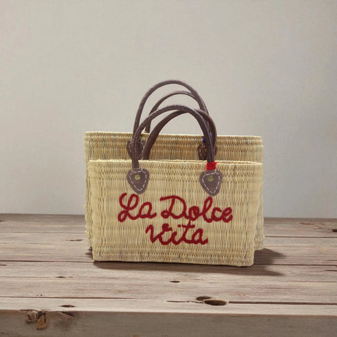 Handwoven Raffia Tote Bag with La Dolce Vita Embroidery