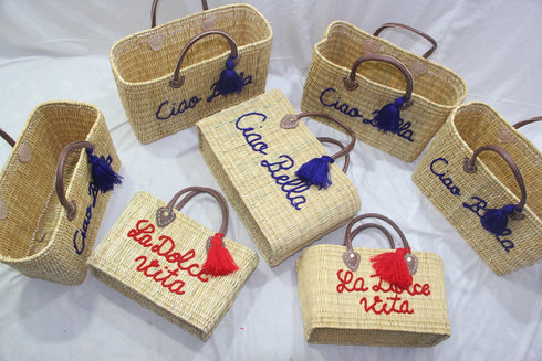 Handwoven Raffia Tote Bag with La Dolce Vita Embroidery