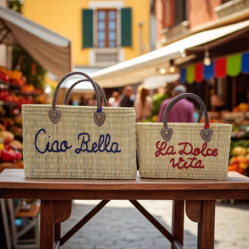 Handwoven Raffia Tote Bag with La Dolce Vita Embroidery