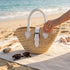 Handwoven Straw Tote Bag with White Leather Handles and Buckle