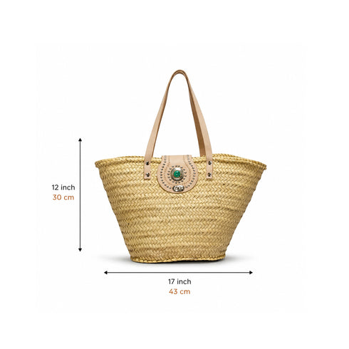 Large handwoven Moroccan straw basket with flat leather handles