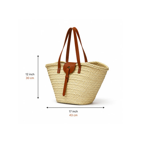 Large handwoven Moroccan straw basket with leather closure