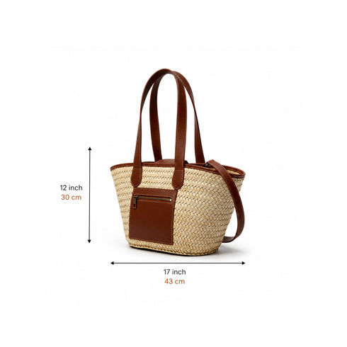 Large handwoven Moroccan straw basket with leather pocket