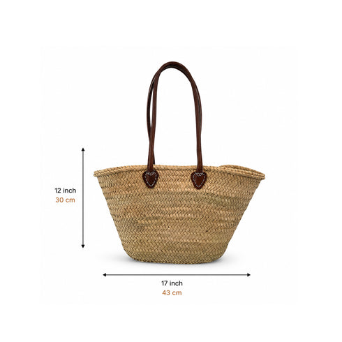 Handwoven Moroccan straw basket with simple leather handles