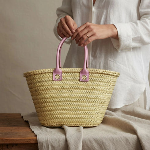 Large Handmade Moroccan Straw Basket with Personalized Leather Handles
