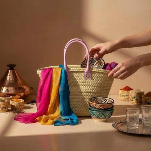 Large Handmade Moroccan Straw Basket with Personalized Leather Handles
